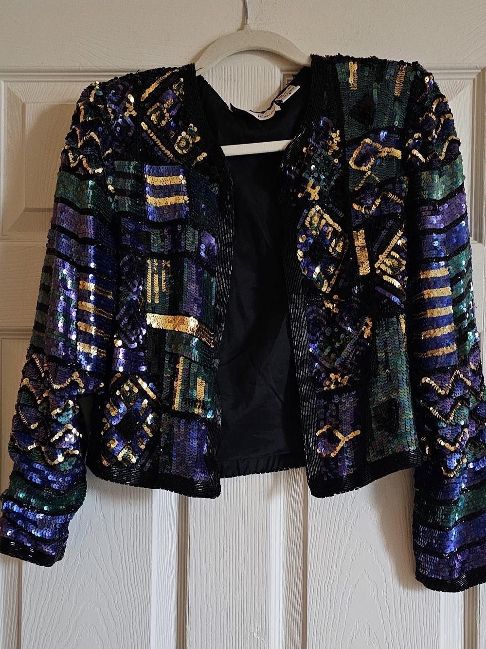 VNT Laurence Sequin Open-Front Blazer in Black with Green, Purple & Gold Accents
